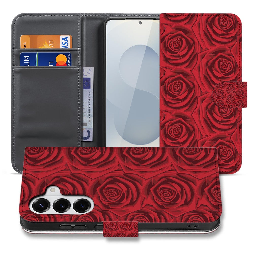 Samsung Galaxy S26 Plus Telefoonhoesje Red Roses design voorzijde en binnenzijde met kaartvakken.