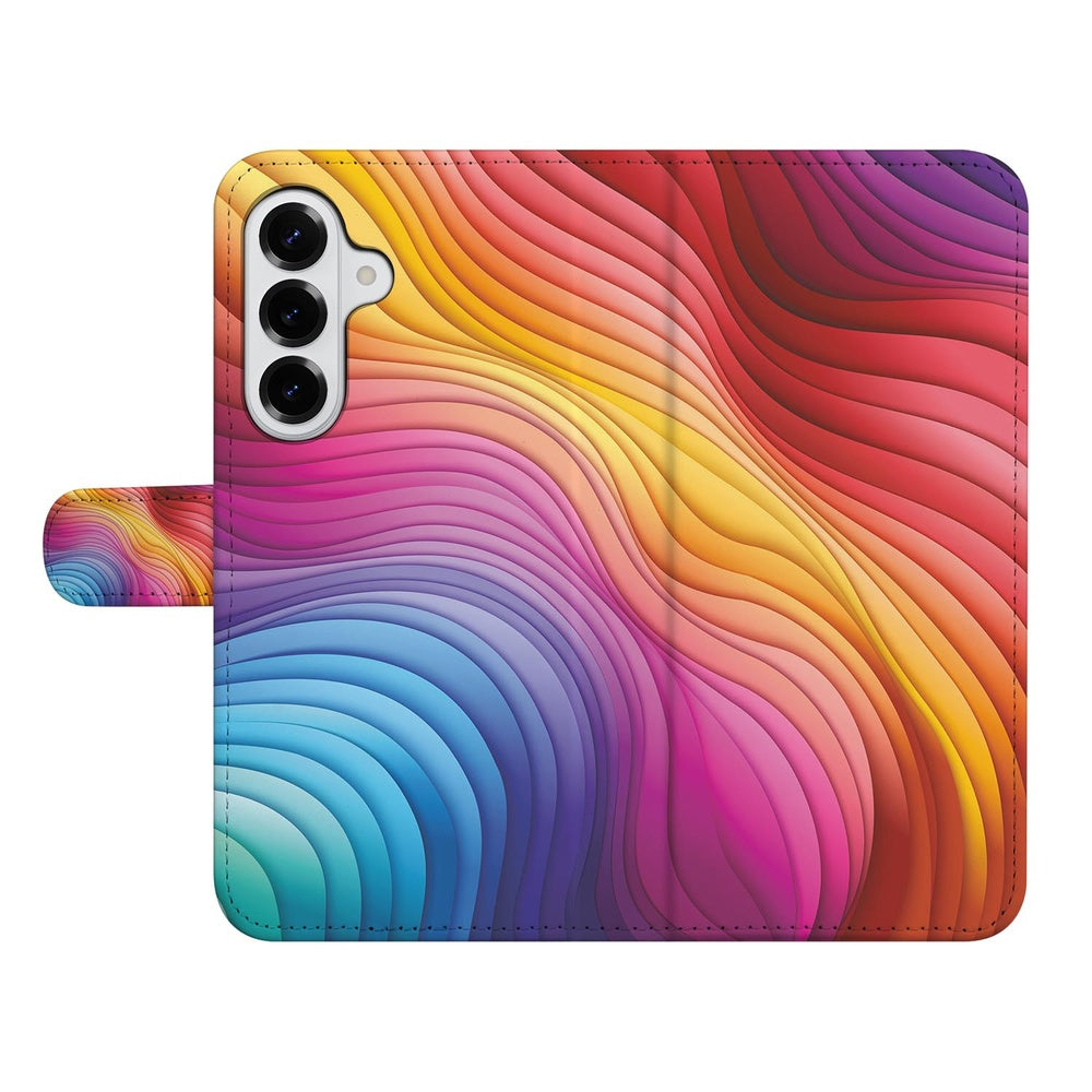 Samsung Galaxy S26 Plus Book Case Hoesje Regenboog Design met golvende lijnen in kleurrijke uitstraling.