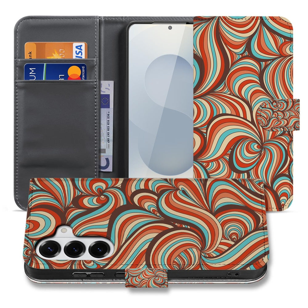 Samsung Galaxy S26 Plus Hoesje Retro Retro design kleurrijk patroon cognac turquoise bruin binnenzijde met kaarten etui.