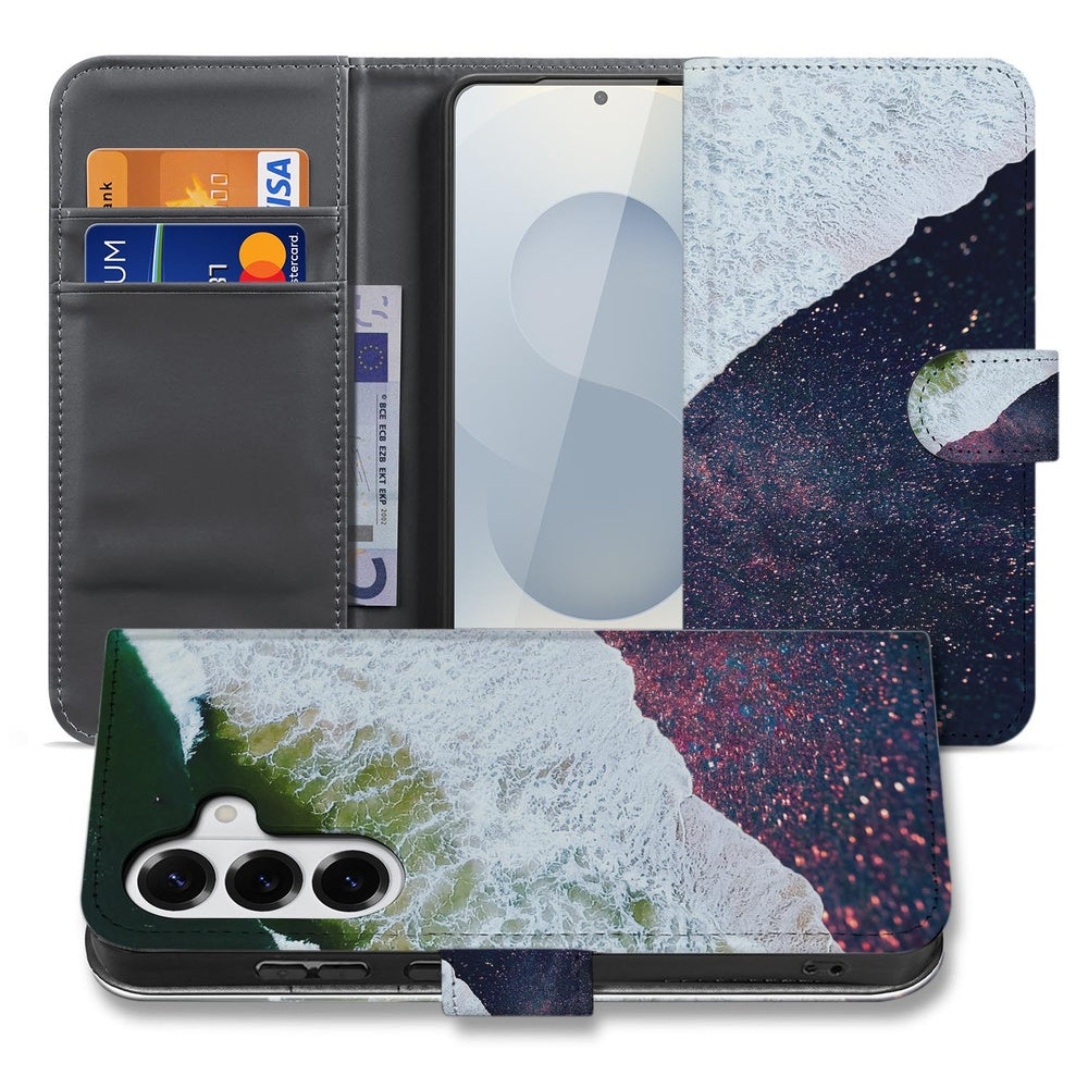 Samsung Galaxy S26 Plus Book Case Sea in Space paarse-witte accenten voorzijde.