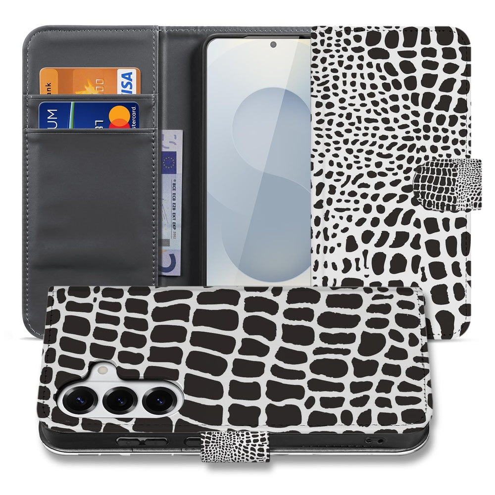 Samsung Galaxy S26 Plus Book Case Slangenprint voorkant met pasjeshouder en zwart-wit slangenachtig design.