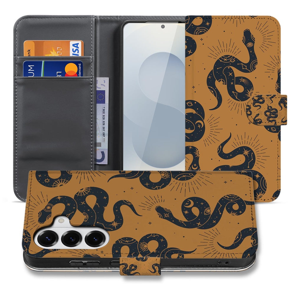 Samsung Galaxy S26 Plus Telefoonhoesje Slangenontwerp bruin zwart portemonnee aanzicht.