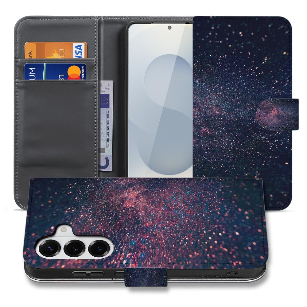 Samsung Galaxy S26 Plus Book Case Paars Blauw Glitter Sterren Aanzicht voorkant en binnenkant.