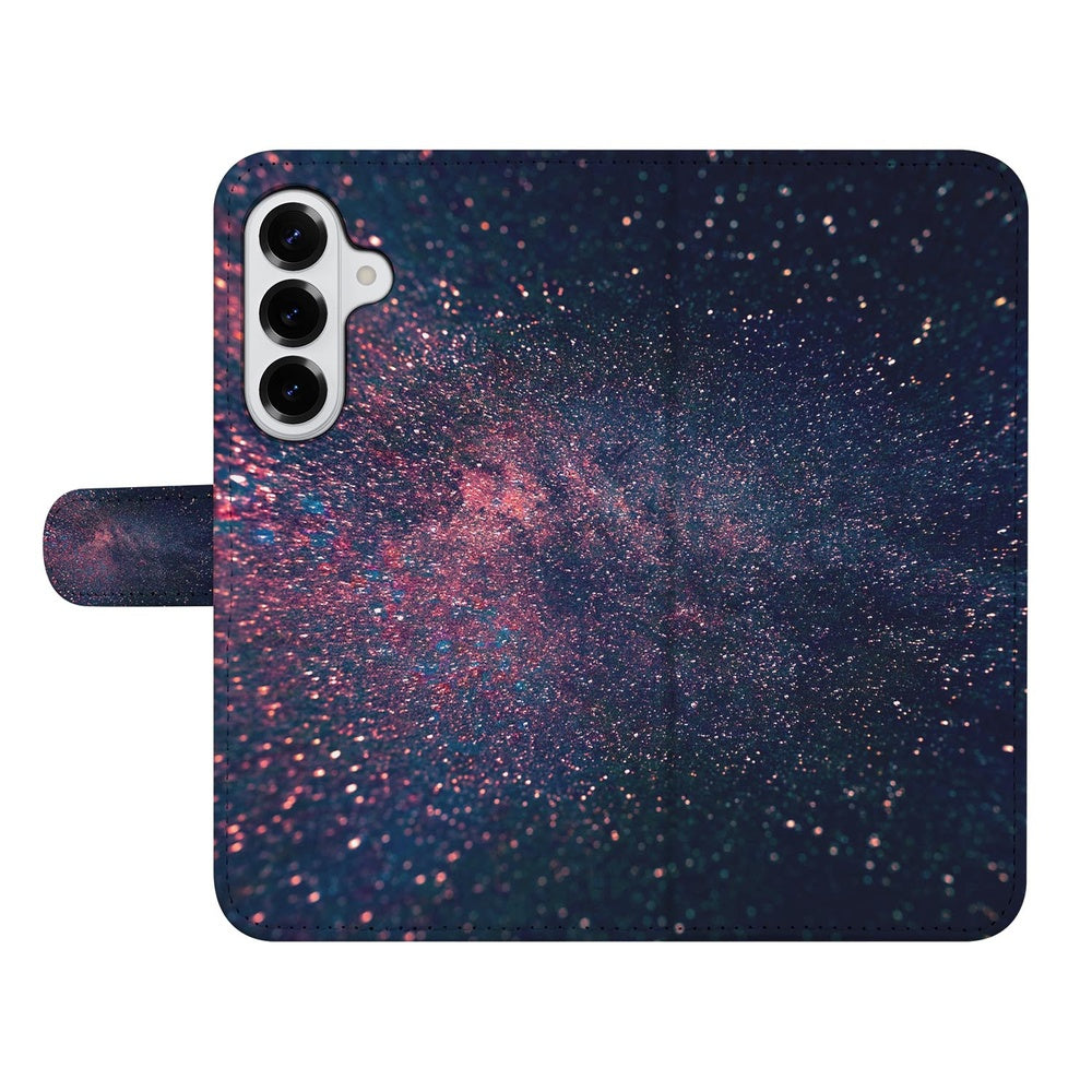 Samsung Galaxy S26 Plus Book Case Paars Blauw Glitter Sterren Aanzicht. 