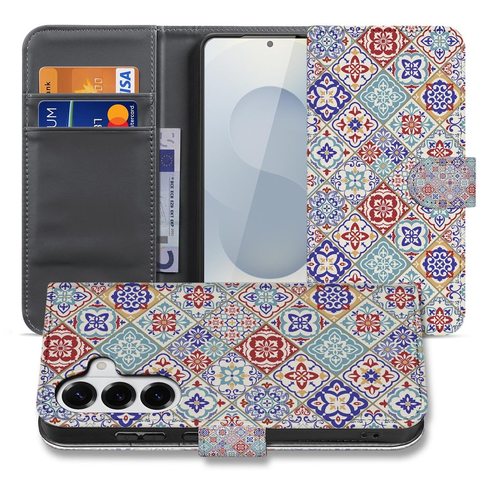 Samsung Galaxy S26 Plus Book Case Samsung Galaxy S26 Plus Tegelpatroon design kleurrijk tegelmotief vooraanzicht.