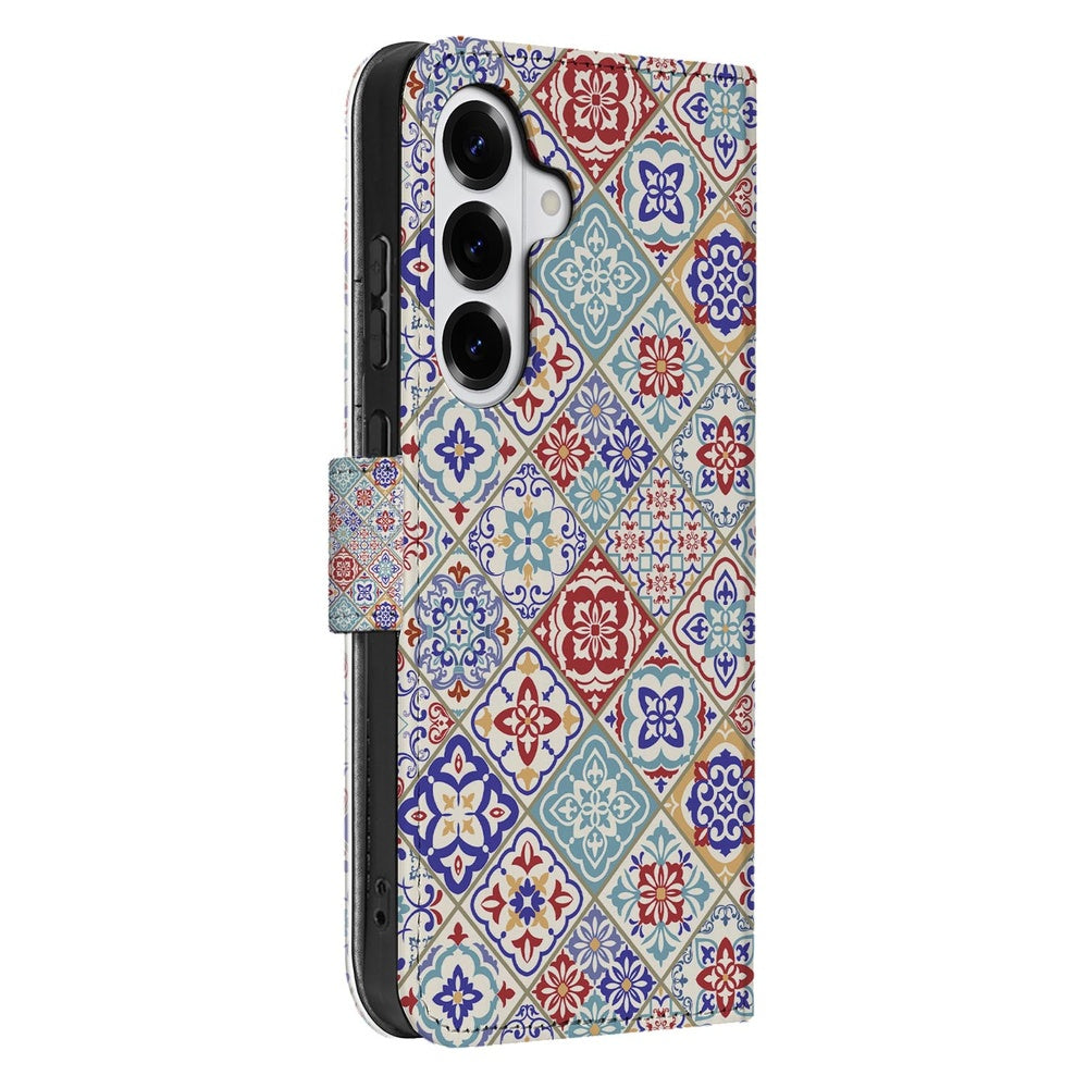 Samsung Galaxy S26 Plus Book Case Tegelpatroon kleurrijk design zijkant.