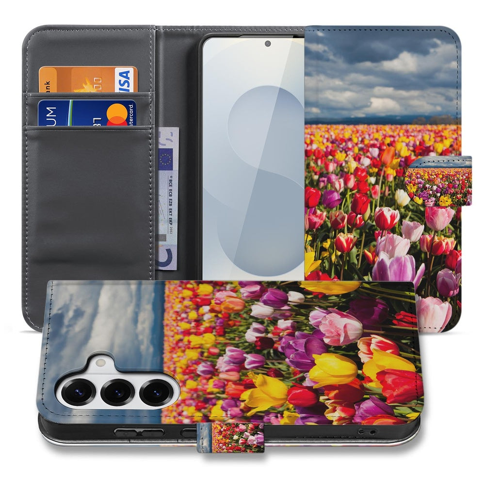 Samsung Galaxy S26 Plus Portemonnee Hoesje Tulpen Motief Voorzijde en Binnenzijde.