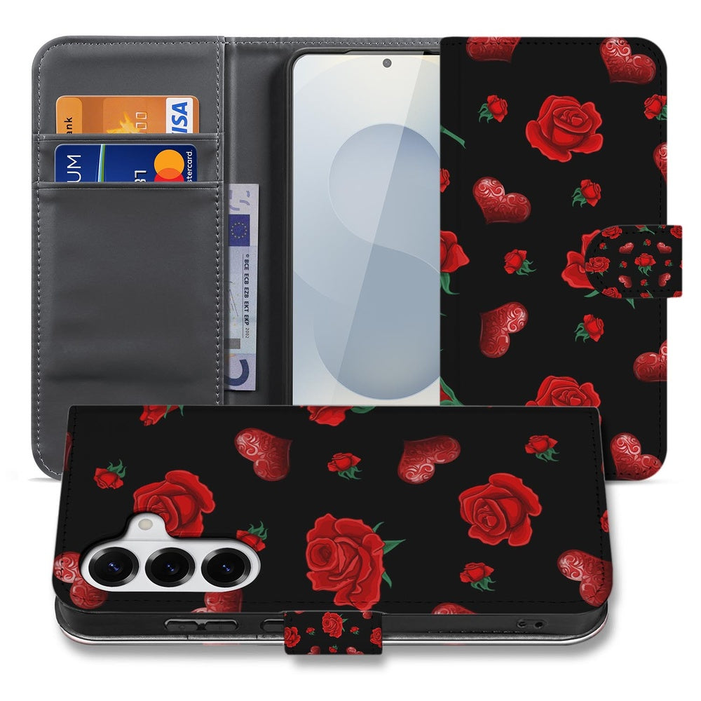 Samsung Galaxy S26 Plus Bookcase Hoesje Valentine zwart kunstleer rozen design vooraanzicht.