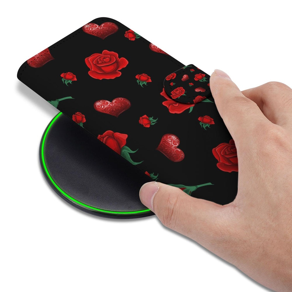 Samsung Galaxy S26 Plus Bookcase Hoesje Valentine zwart kunstleer rozen design hand bovenop.