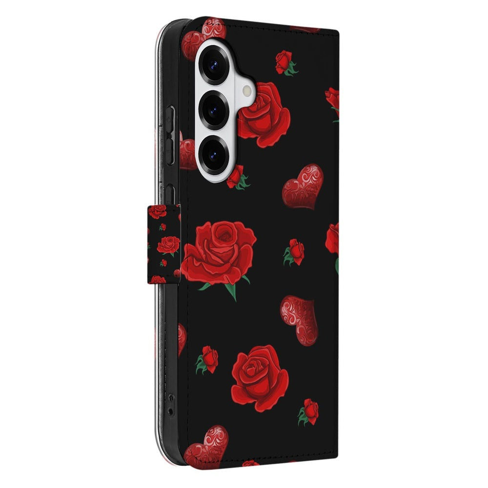 Samsung Galaxy S26 Plus Bookcase Hoesje Valentine zwart kunstleer met rode rozen en harten.