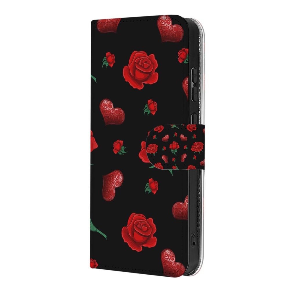 Samsung Galaxy S26 Plus Bookcase Hoesje Valentine rozen hartjes zwart ontwerp zijkant.