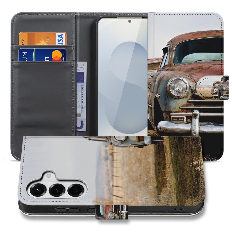 Samsung Galaxy S26 Plus Vintage Auto book case vintage auto design grijs bruin aanzicht.