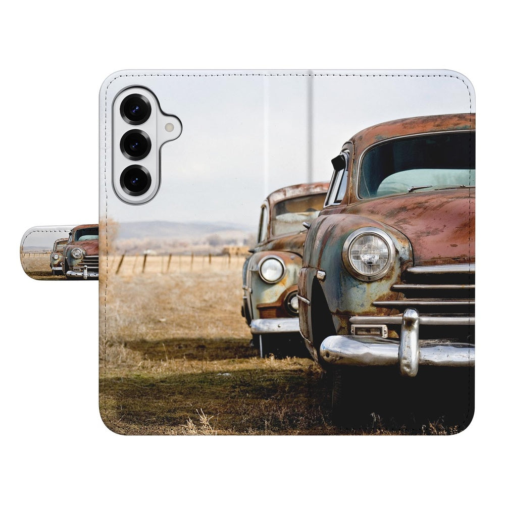 Samsung Galaxy S26 Plus Vintage Auto hoesje klassieke auto print bruin grijs zijaanzicht.