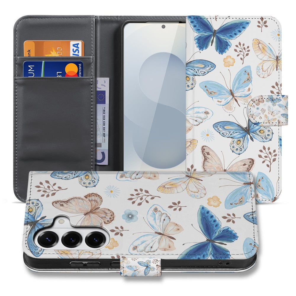 Samsung Galaxy S26 Plus Vlinder Wallet Hoesje Wallet hoesje vlinderpatroon blauw bruin vooraanzicht.