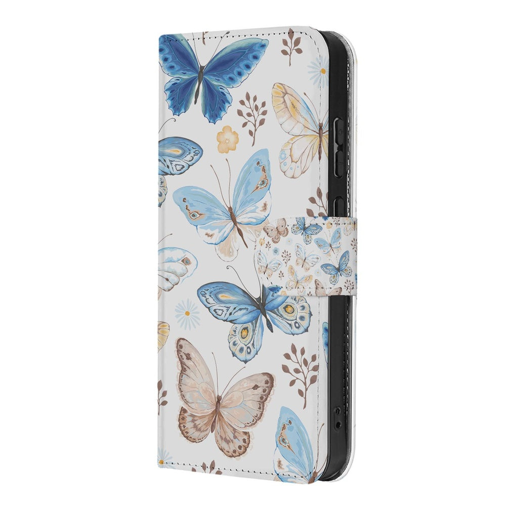 Samsung Galaxy S26 Plus Vlinder Wallet Hoesje vlinderpatroon blauw bruin zijaanzicht.