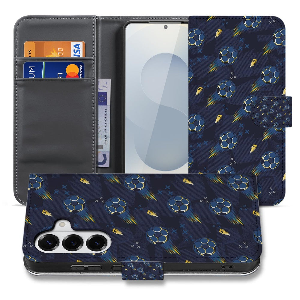 Samsung Galaxy S26 Plus Hoesje Voetbal Design Book Case Sportief blauw voetbalpatroon Voorzijde.