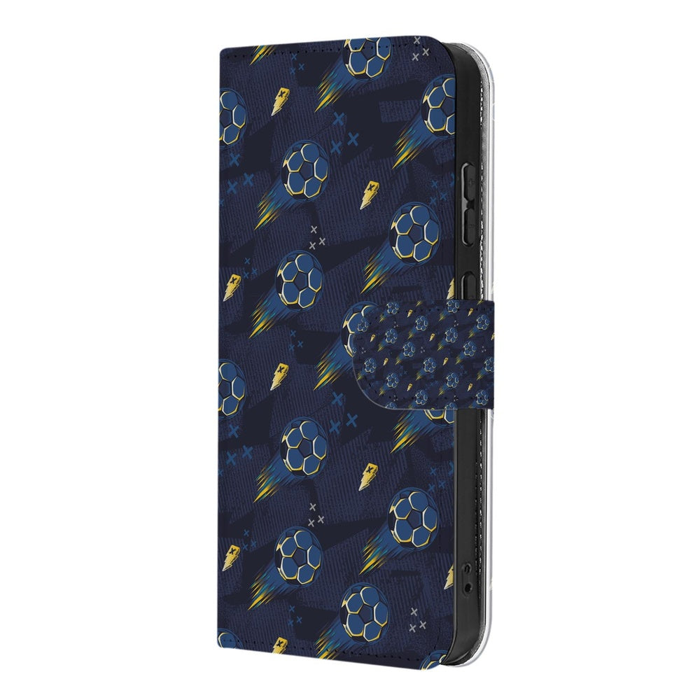 Samsung Galaxy S26 Plus Hoesje Voetbal Design voetbalpatroon blauw book case zijkant.