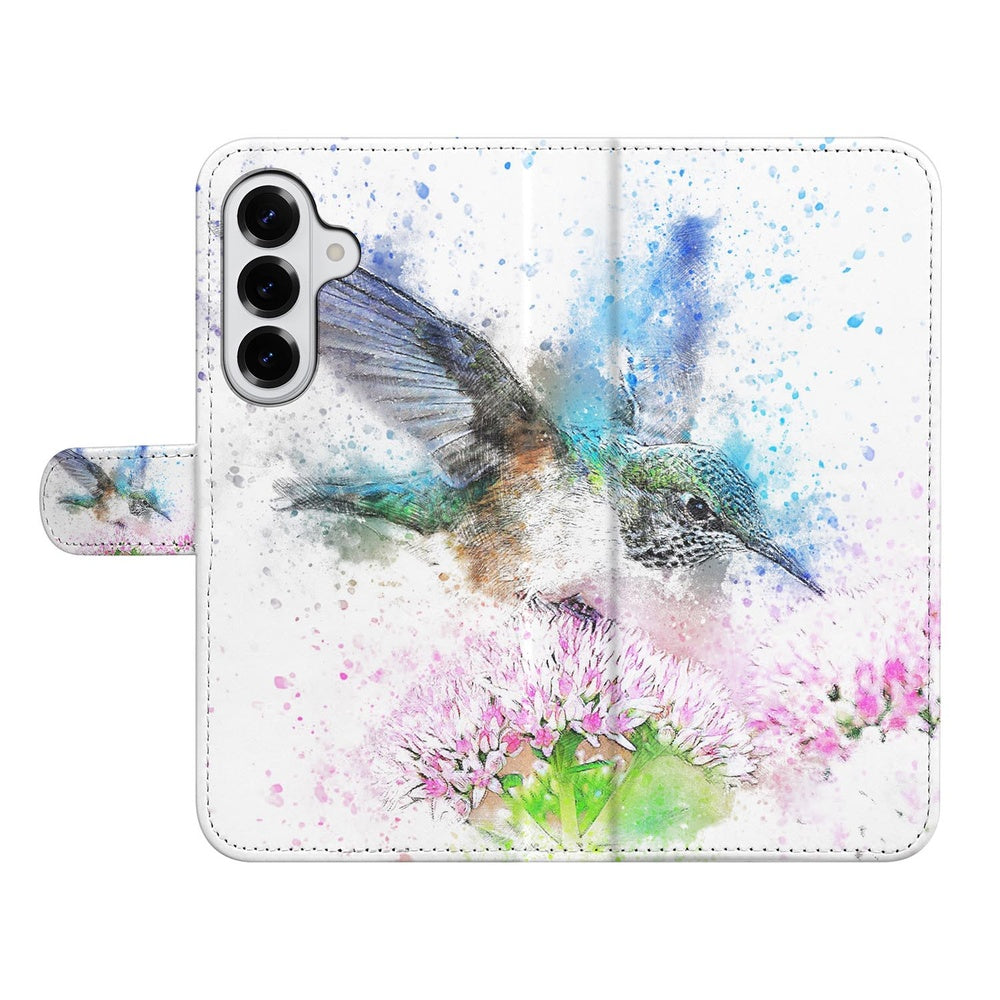 Samsung Galaxy S26 Plus PortemonneeHoesje Vogel Print kleurrijke kolibrie ontwerp voorzijde.