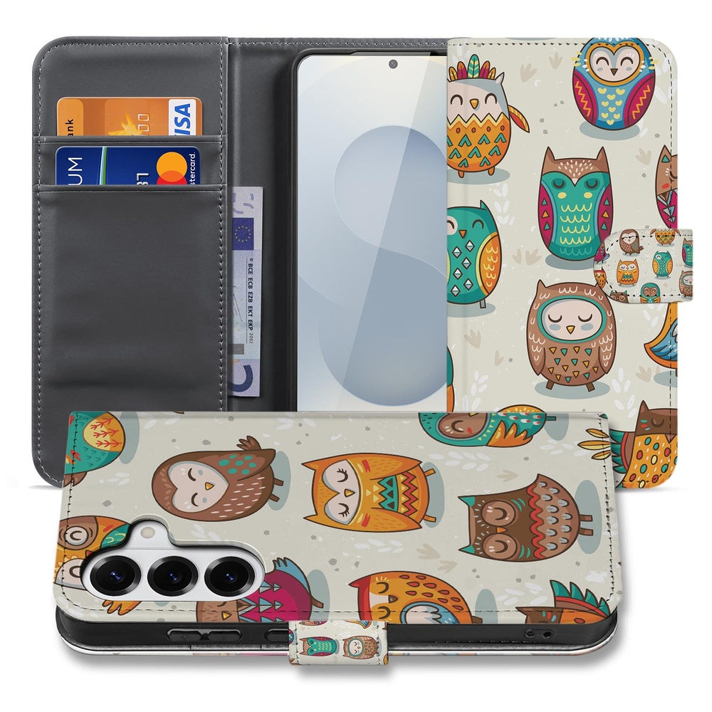 Samsung Galaxy S26 Plus Book Case Vrolijke Uilen Pasjeshoesje beige kunstleer open aanzicht.