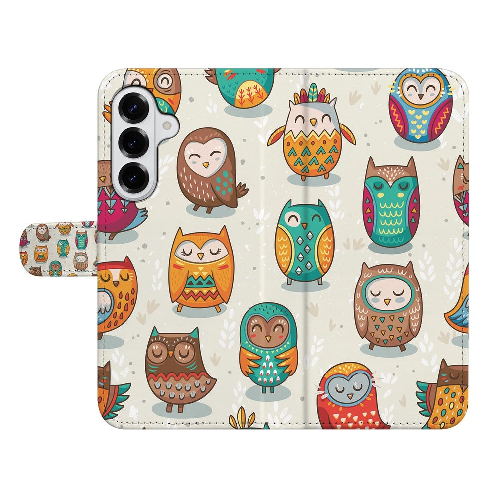 Samsung Galaxy S26 Plus Book Case Vrolijke Uilen Pasjeshoesje Beige Kunstleer Voorzijde.