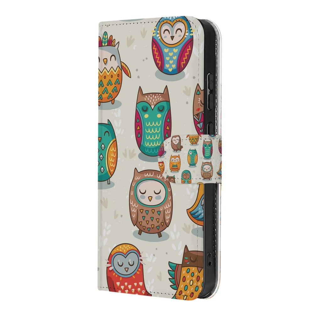 Samsung Galaxy S26 Plus Book Case Vrolijke Uilen pasjeshoesje zijaanzicht.