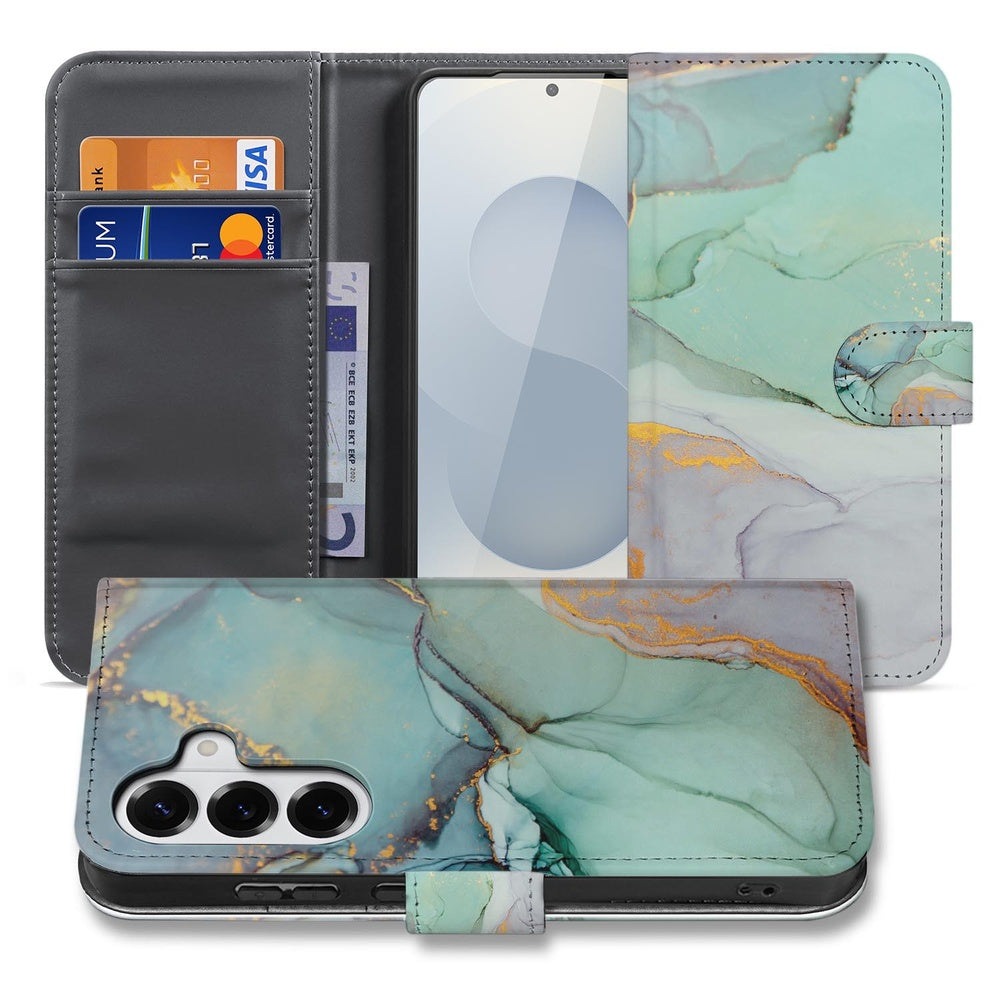Samsung Galaxy S26 Plus Hoesje Watercolor Mix Wallet hoesje afgedekt met aquarel design en gouden accenten.
