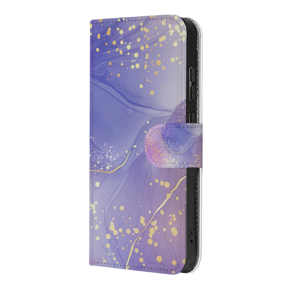 Samsung Galaxy S26 Plus Watercolor Paars Hoesje Book Case paarse aquarelprint gouden spetters aanzicht.