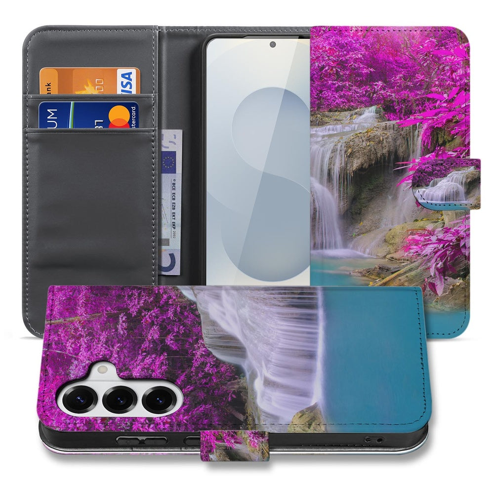 Samsung Galaxy S26 Plus Portemonnee Hoesje Waterval Paars Aanzicht voorkant en binnenkant met pasjes.