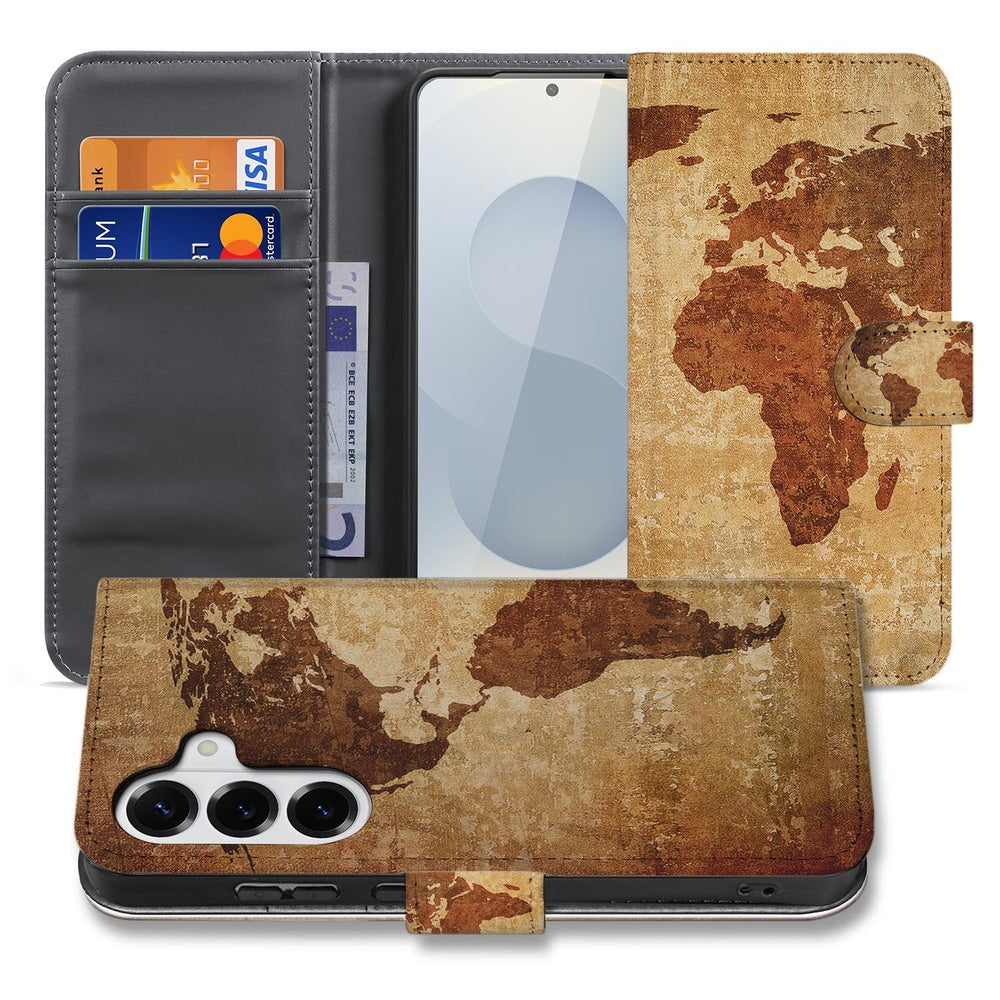 Samsung Galaxy S26 Plus Hoesje Wereldkaart Wereldkaart-print bruine en gele tinten voorzijde en binnenzijde.