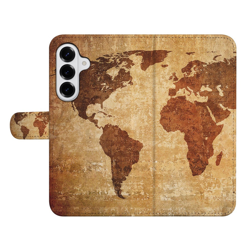 Samsung Galaxy S26 Plus Hoesje Wereldkaart Wereldkaart-print bruin geel boekcase aanzicht.