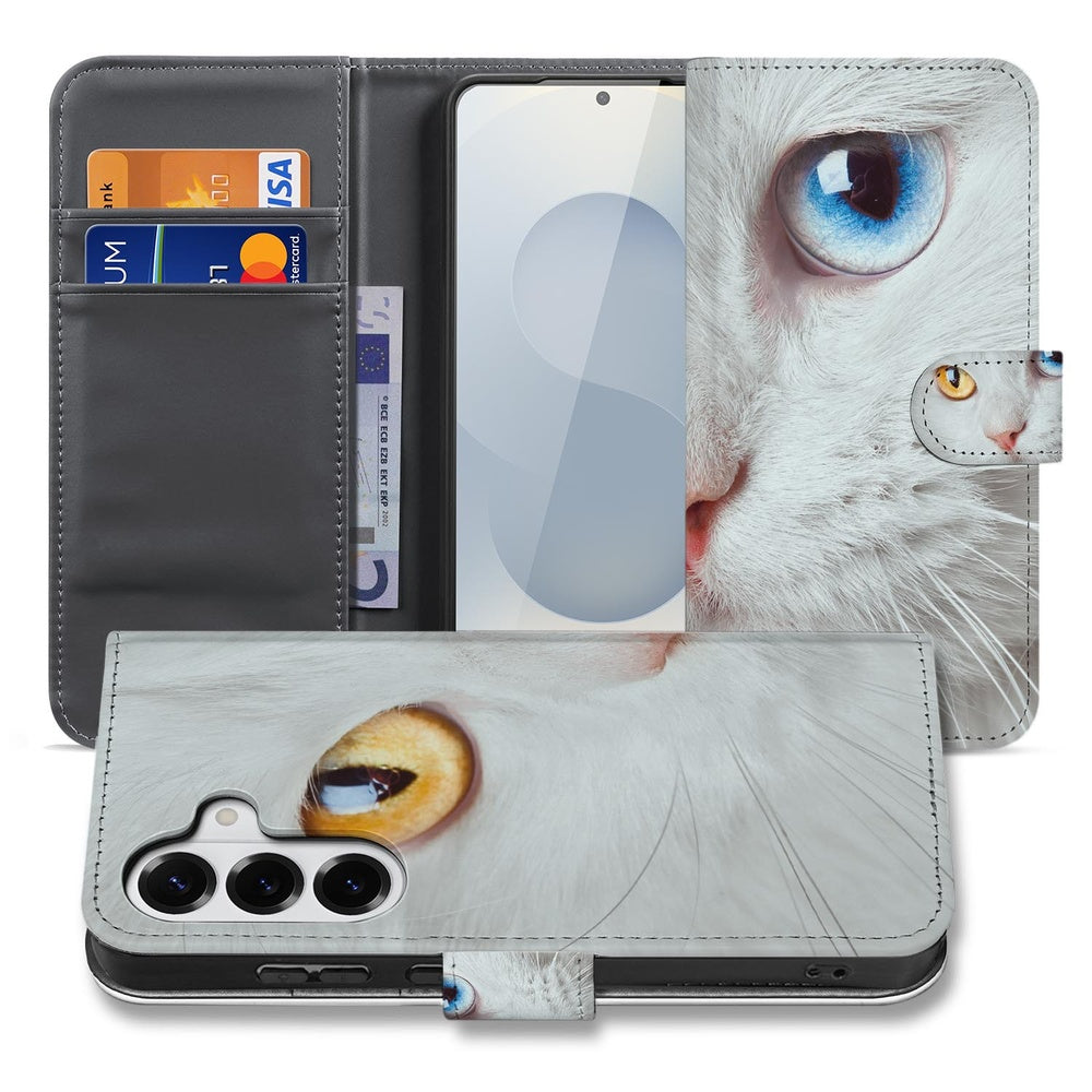 Book Case Samsung Galaxy S26 Plus Witte Kat Dierenprint binnenaanzicht met smartphone en pasjes.