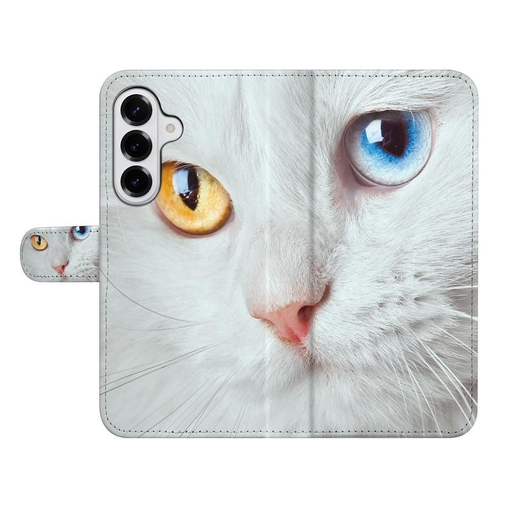 Samsung Galaxy S26 Plus Book Case Witte Kat Dierenprint voorkant met kattengezicht.