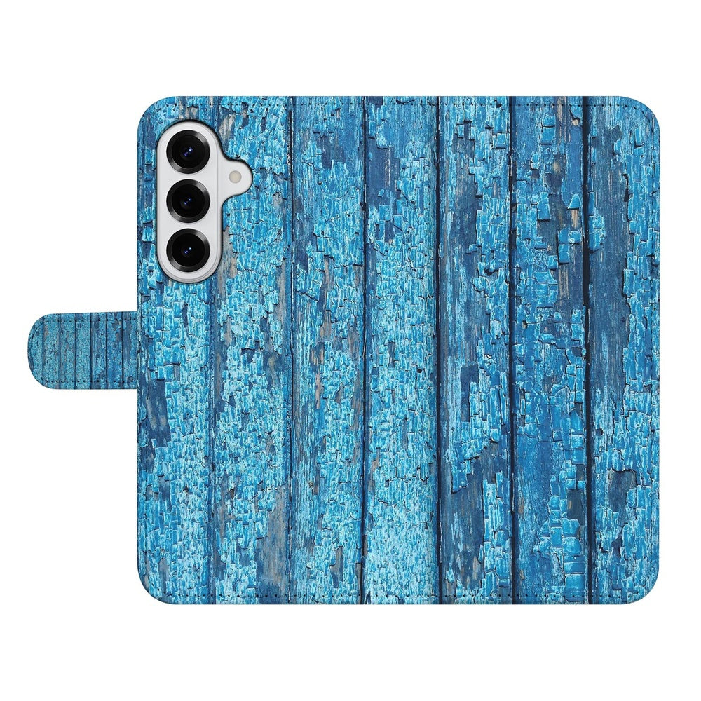 Samsung Galaxy S26 Plus Book Case Afgebladderd Blauw Hout Vervaging Blauw Hout Aanzicht.