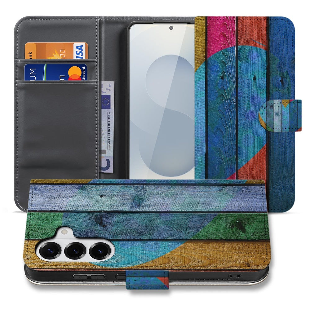Samsung Galaxy S26 Plus Book Case Wood Heart Design voorkant met kaarten.