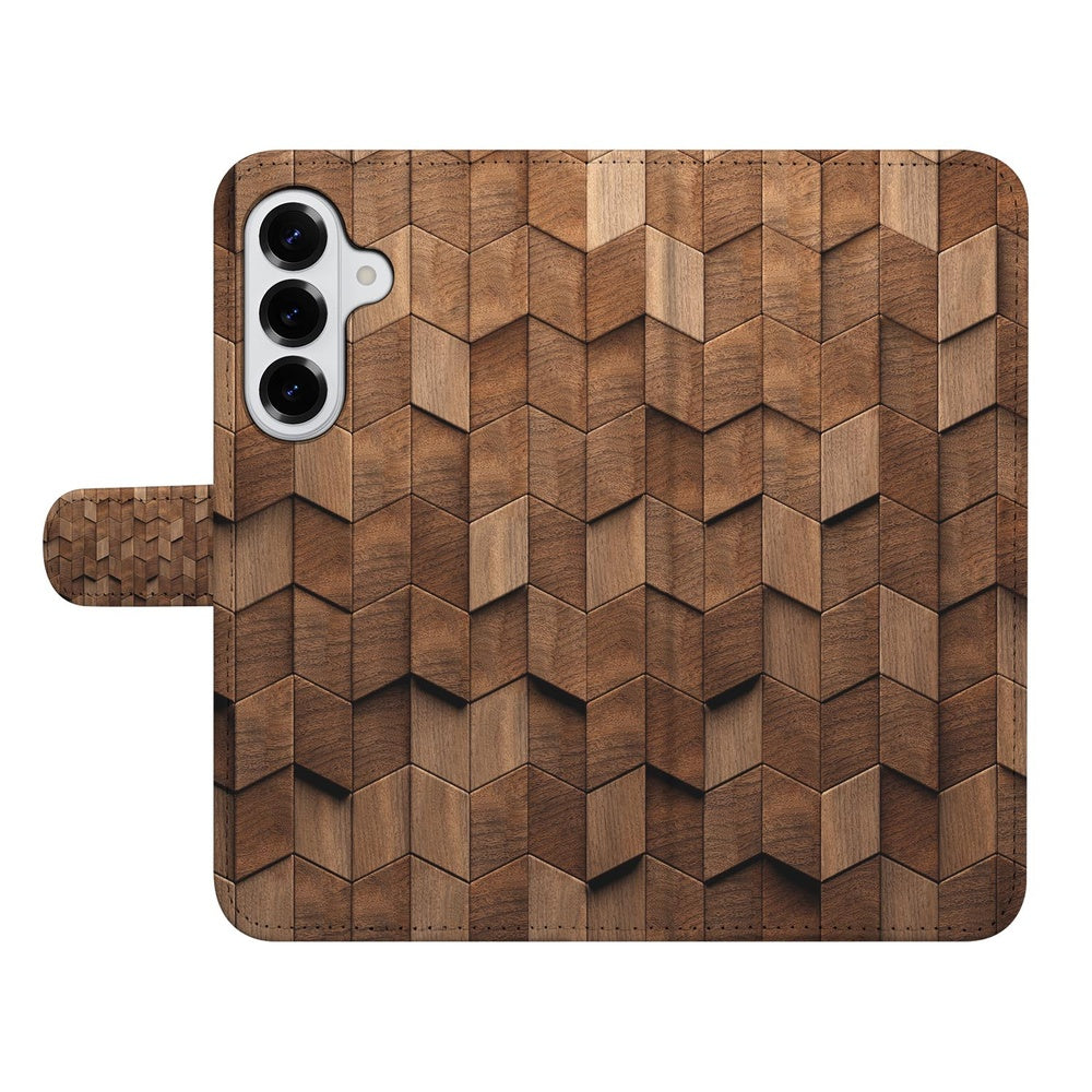 Samsung Galaxy S26 Plus Book Case Bruin Houtprint Kubusprint vooraanzicht.