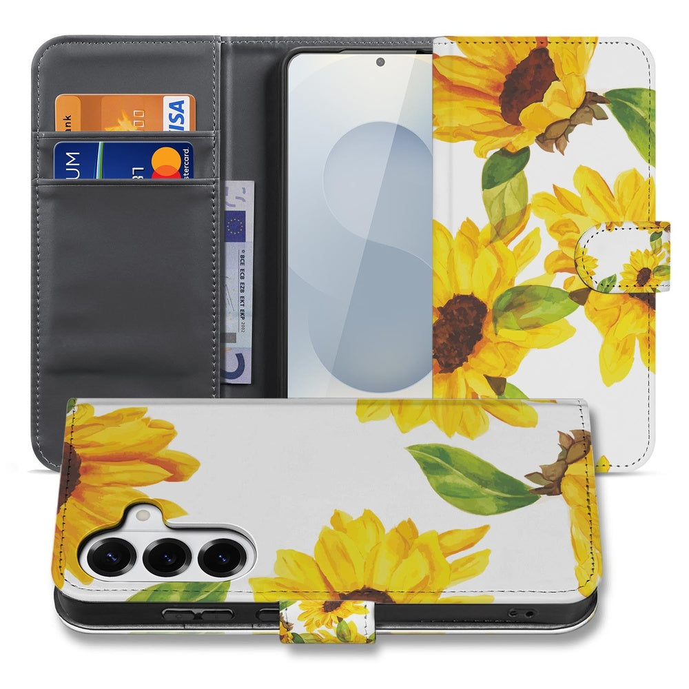 Samsung Galaxy S26 Plus Hoesje Zonnebloemen Wallet Zonnebloemen groene bladeren voorkant en binnenkant met TPU-houder.