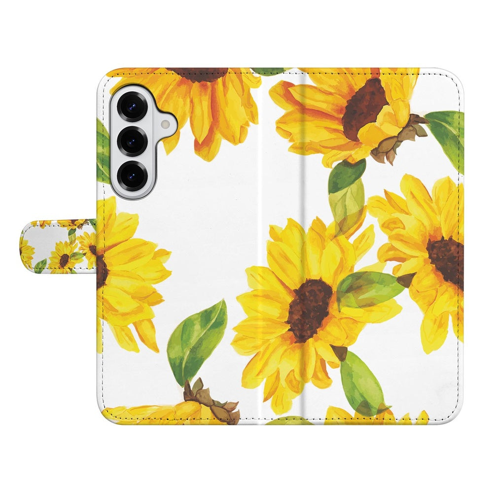 Samsung Galaxy S26 Plus Hoesje Zonnebloemen Wallet Zonnebloemen Design Aanzicht voorzijde.