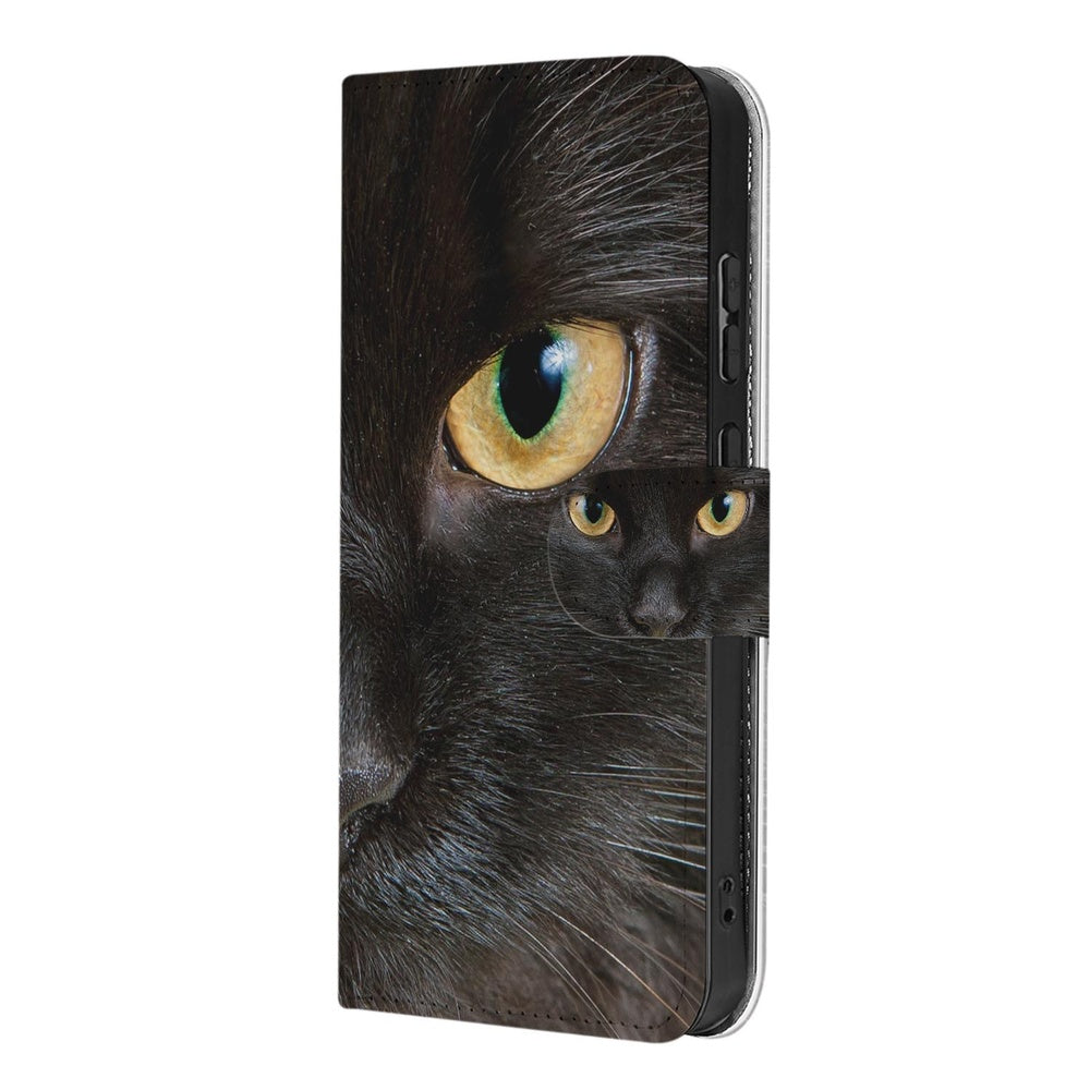 Samsung Galaxy S26 Plus Portemonnee Hoesje Zwarte Kat met afbeelding van katenoog zijkant.