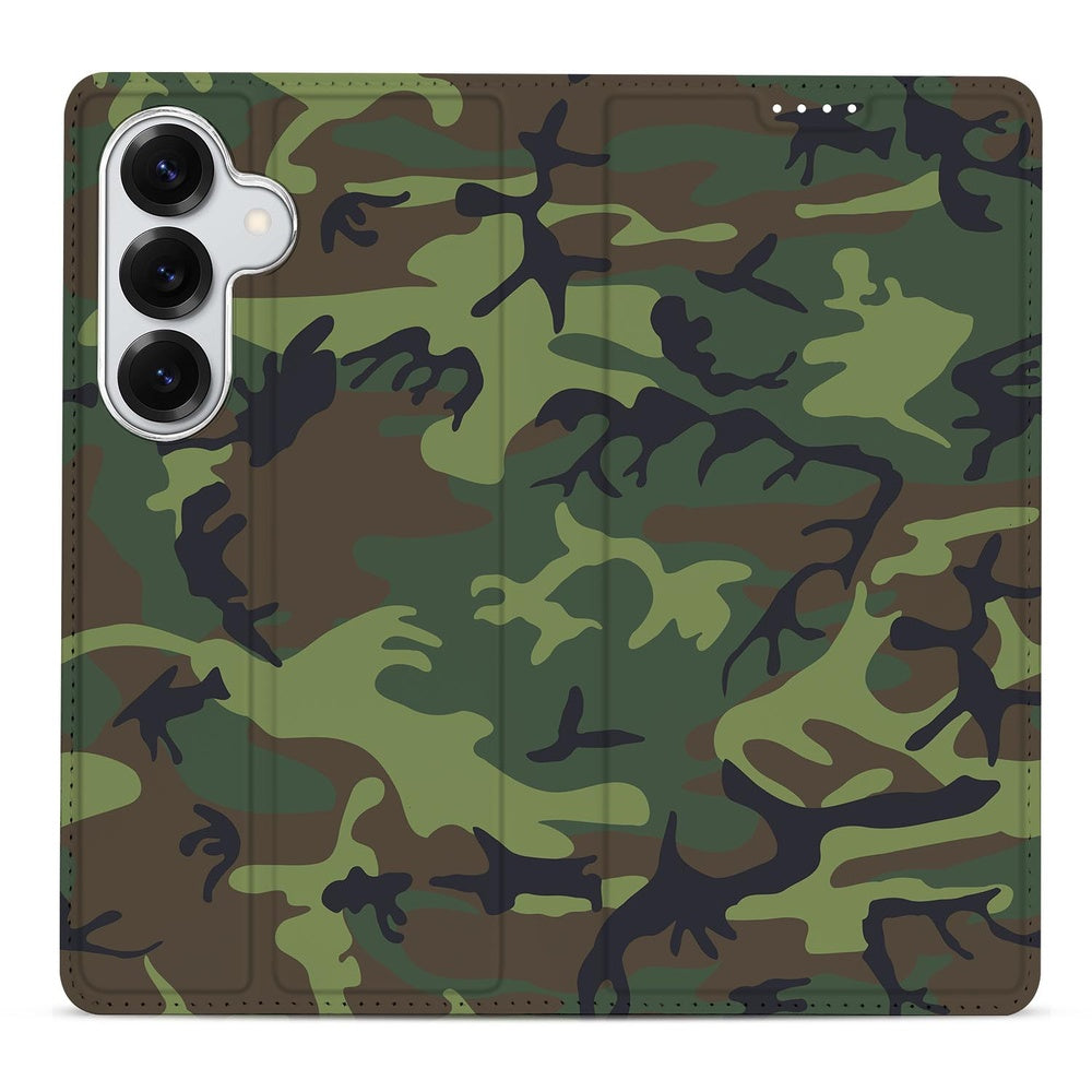 Samsung Galaxy S26 Plus Book Wallet Case Army Dark camouflage ontwerp aanzicht.