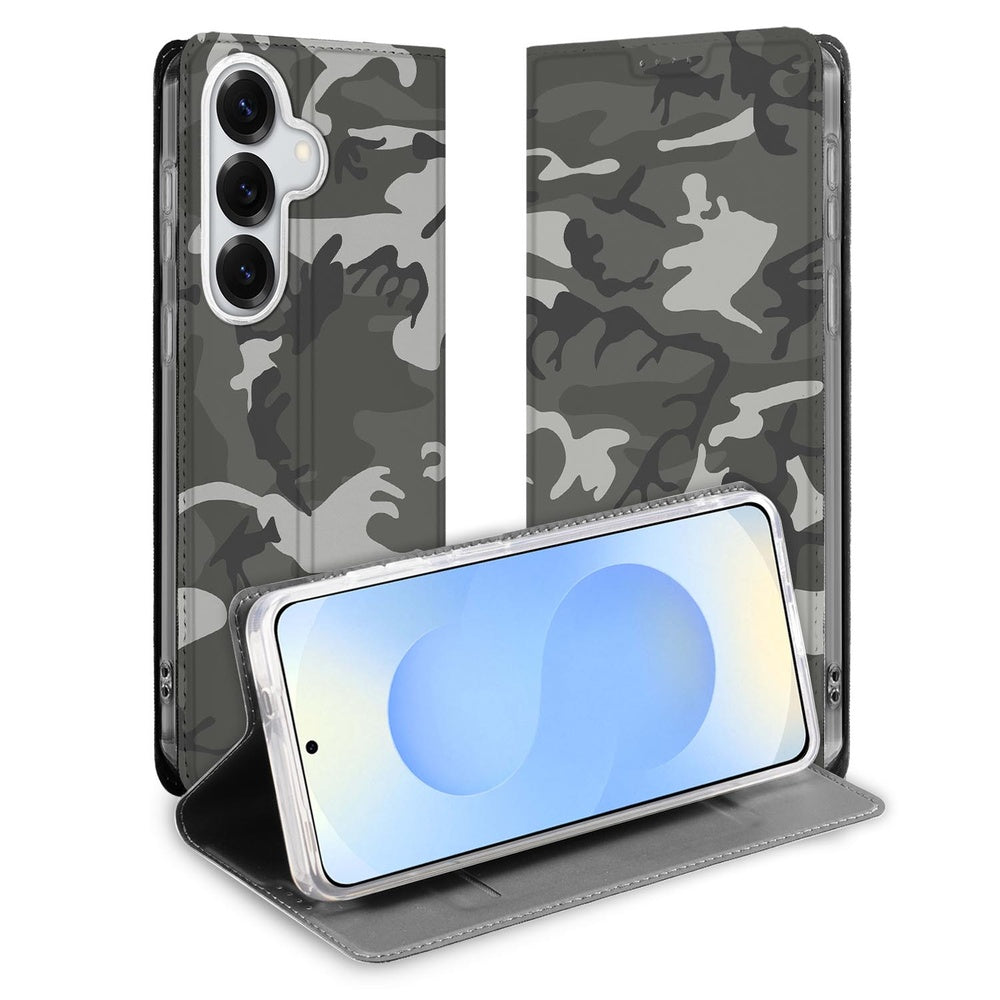 Samsung Galaxy S26 Plus Flip Style Cover Army Light camouflage design vooraanzicht.