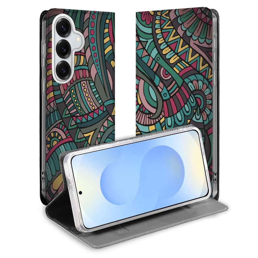 Samsung Galaxy S26+ Smart Cover Hoesje Aztec vooraanzicht met kleurrijk Aztec patroon.