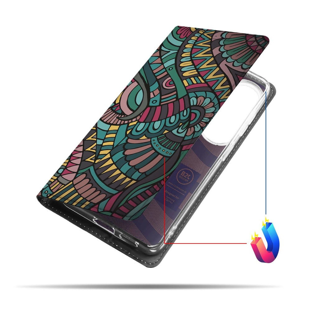 Samsung Galaxy S26+ Smart Cover Hoesje Aztec Retro Aztec patroon Vooraanzicht.