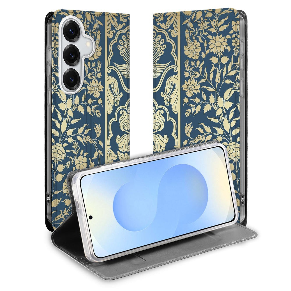 Samsung Galaxy S26 Plus Book Cover Beige Flowers boekhoes bloemenpatroon beige donkerblauw vooraanzicht.