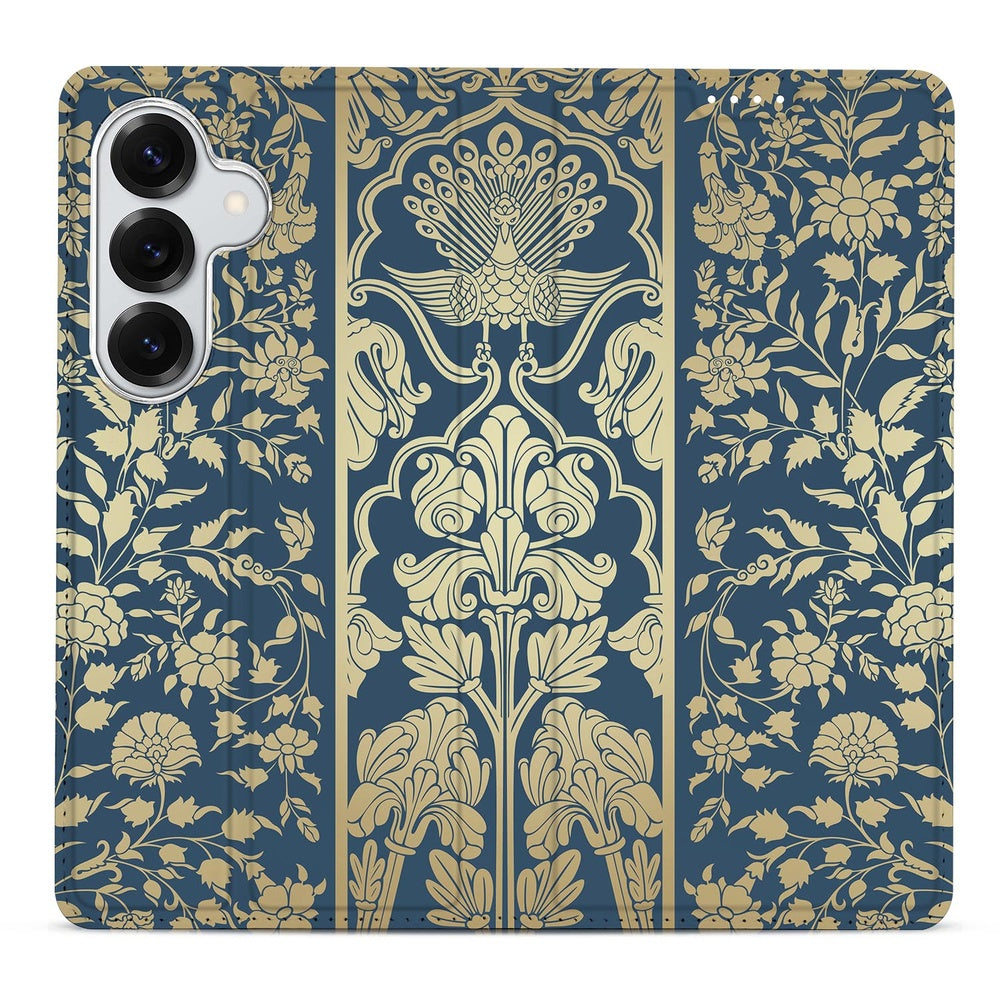 Samsung Galaxy S26 Plus Book Cover Beige Flowers detail ontwerp luxe bloemenpatroon op donkerblauwe achtergrond.