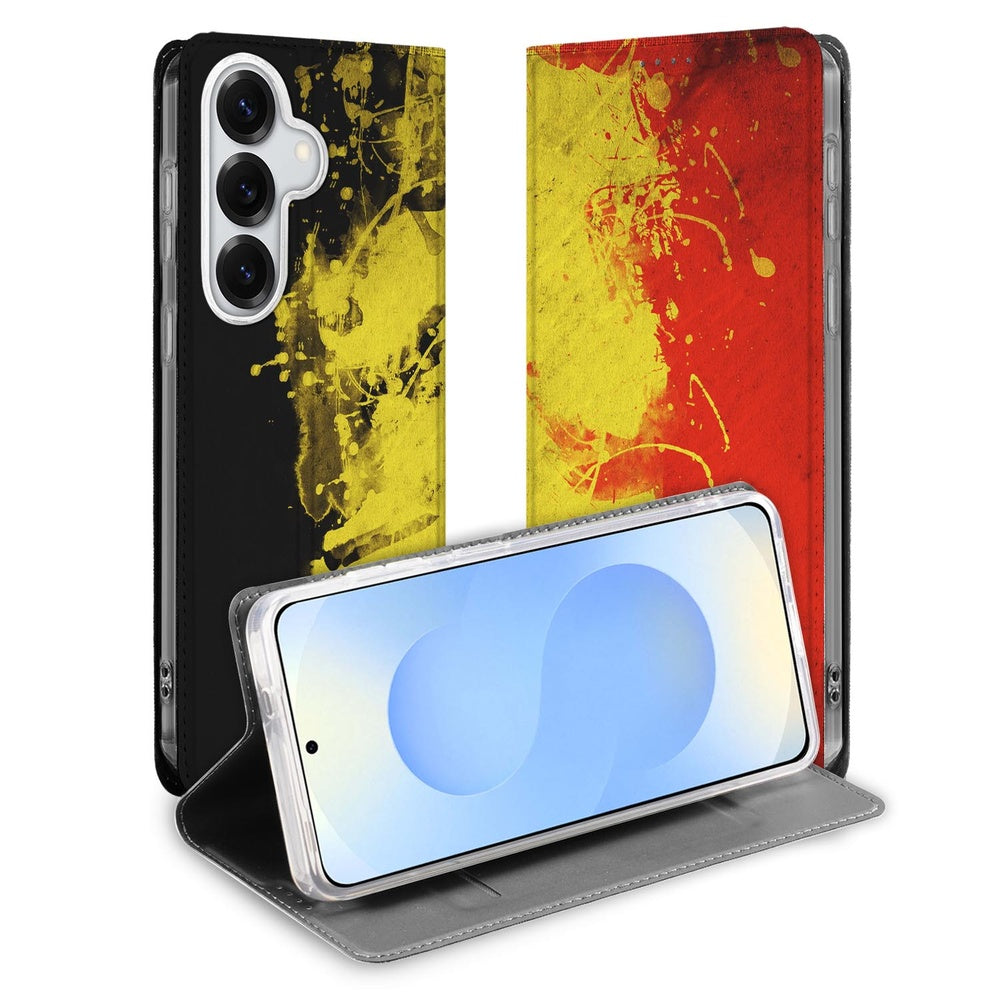 Samsung Galaxy S26 Plus Bookcase Belgie design Belgische vlag kleuren vooraanzicht.