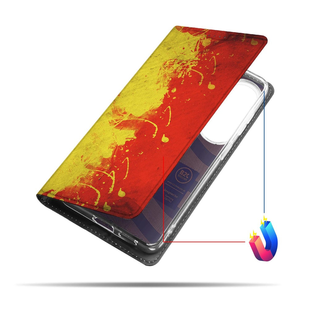 Samsung Galaxy S26 Plus Bookcase Belgie Boekvorm ontwerp Belgische vlag kleuren Vooraanzicht.