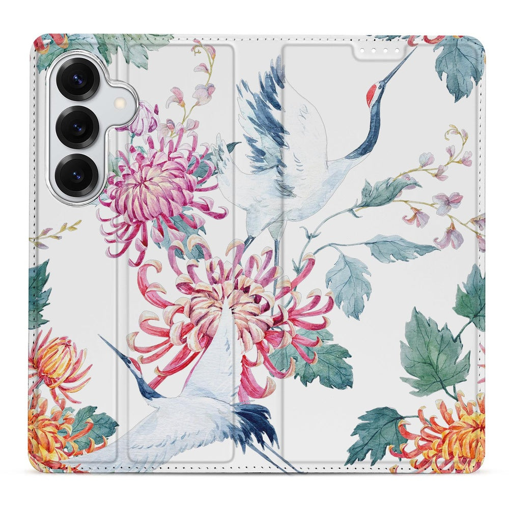 Samsung Galaxy S26 Plus Book Wallet Case Bird Flowers voorkant met bloemen en vogels print.