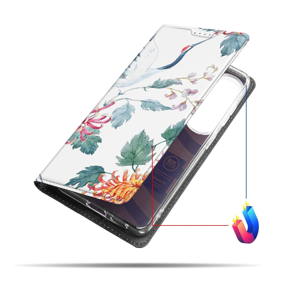 Samsung Galaxy S26 Plus Book Wallet Case Bird Flowers voorkant met kleurrijk vogel en bloemen ontwerp.