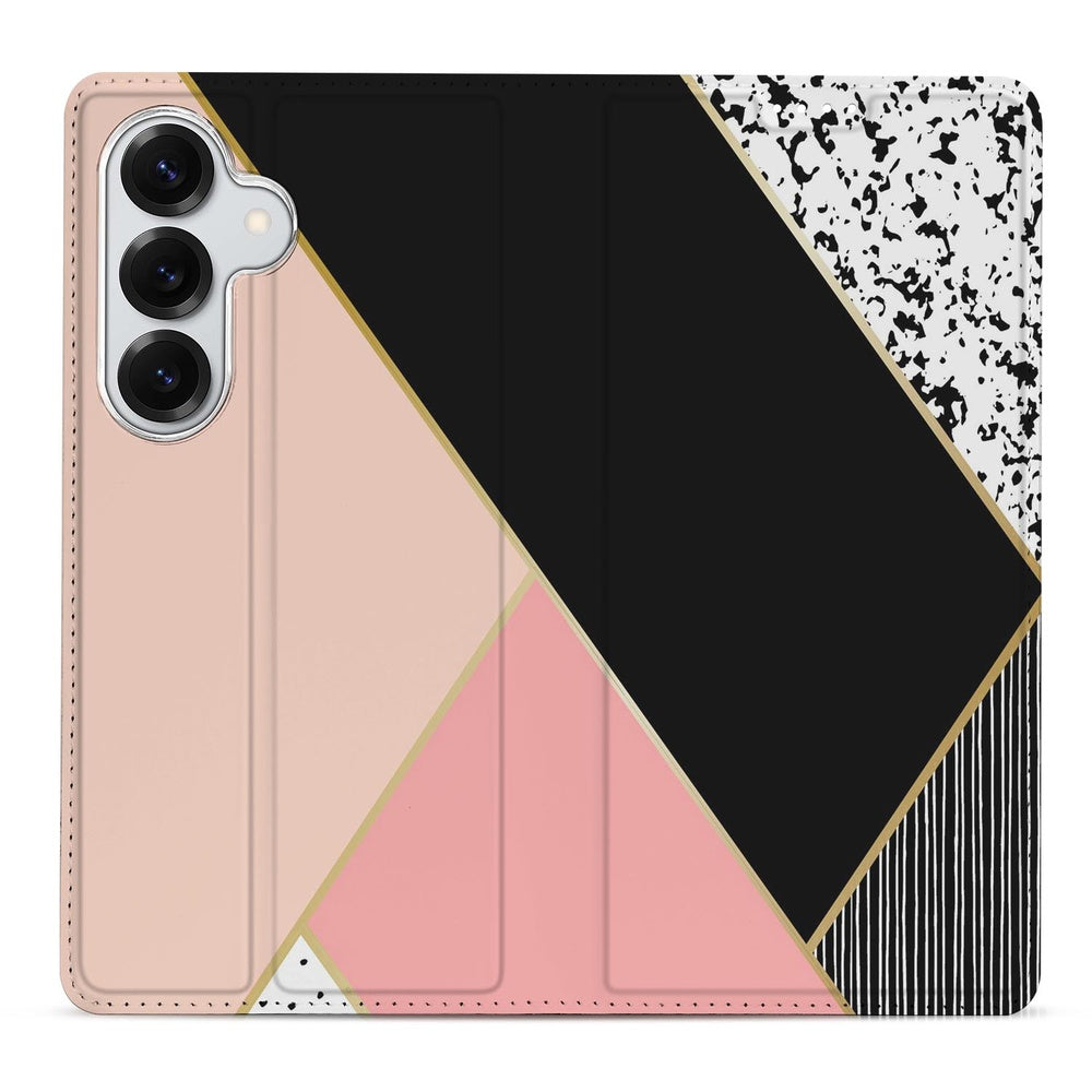 Samsung Galaxy S26 Plus Flip Style Cover Black Pink Shapes detail zwart roze wit design.