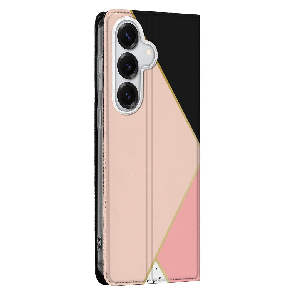 Samsung Galaxy S26 Plus Flip Style Cover Black Pink Shapes Zijkant met zwart roze en witte geometrische designelementen.